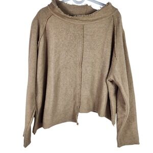 Asymmetrical Cotton Stretch Raw Hem Pullover Sweater Tan Indie Grunge Womens XL